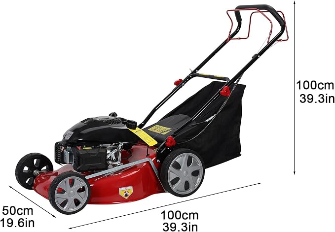 Self Propelled Gas Lawn Mower, 141cc 4-Stroke Engine with 20 Inch Deck & 50L Grass Bag, Walk Behind Lawn Mower, 7 Height Adjustments & Foldable Handle for Home Yard Red