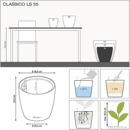 Lechuza Classico LS 35 Shiny Taupe High Gloss, Self-Watering Round Planter, D13.8 H13 in