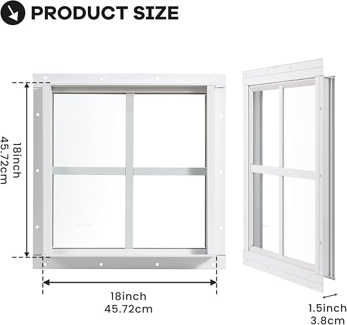 Shed Windows 2 Pack, Chicken Coop Fixed Windows 18" x 18" White | Square Gable Flush Mounted Small Windows with Tempered Glass for Shed, Barns, Playhouse, Household, Garage