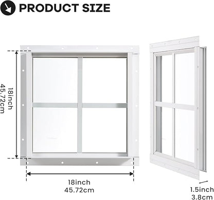Shed Windows 2 Pack, Chicken Coop Fixed Windows 18" x 18" White | Square Gable Flush Mounted Small Windows with Tempered Glass for Shed, Barns, Playhouse, Household, Garage