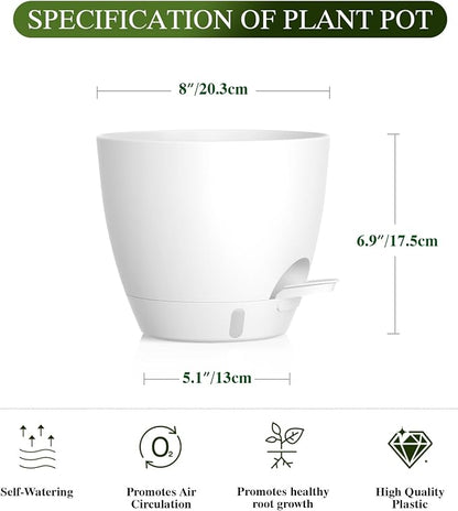 Self Watering Pots with Drainage Holes, 2 Pack 8 Inch Plant Pots with Water Level Indicator Deep Reservoir, Large Plastic Planter for Indoor Outdoor Plants - White