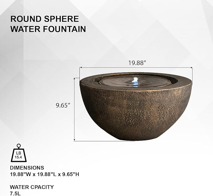 XBrand 9.65" H Round Sphere Water Fountain Indoor/Outdoor with LED Light, Polyresin Bubbler Feature for Patio, Yard, Home Décor - Bronze, Tranquil Serene Garden Accent