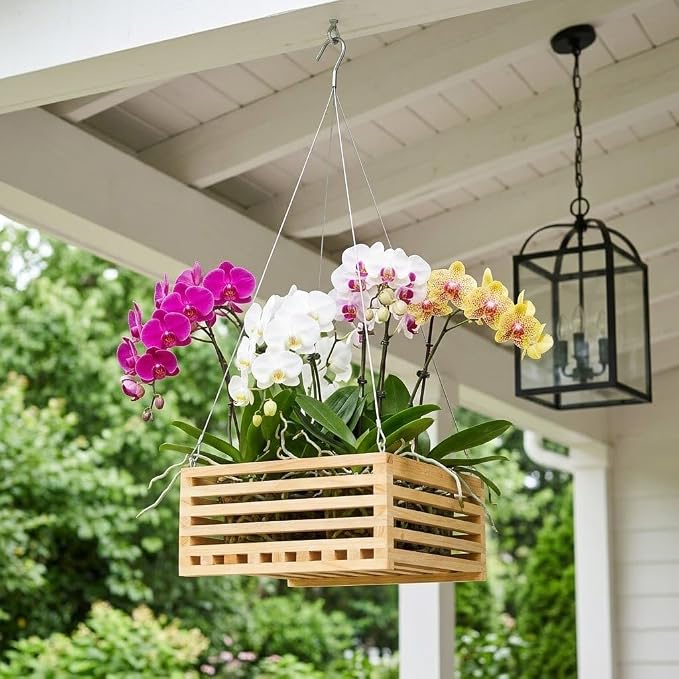 10" Wooden Orchid Basket with Hanger for Vandas & Ferns, Square Wood Hanging Planter for Patio, Balcony Decor, Garden Flower Pot for Indoor Outdoor Plants