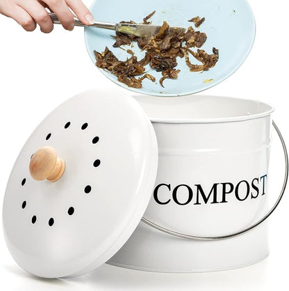 AVLA Compost Bin Kitchen Countertop, 1 Gallon Composter Pail, Food Waste Composting Bucket, Odorless Trash Keeper Container, White Scraps Caddy with Charcoal Filter, Carrying Handle, Lid