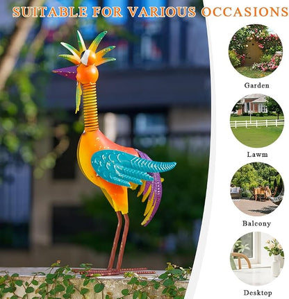 Metal Wacky Rooster Garden Statue for, Patio, Backyard, Lawn | 18'' Rooster Decor, Yard Statue Decorations Outdoor, Chicken Yard Art, Orange