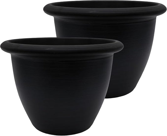 The HC Companies Sevilla Flower Planters - Outdoor & Indoor Planter - Round Self Watering Plant Pots for Herbs & More (9”, Black, Pack of 2)