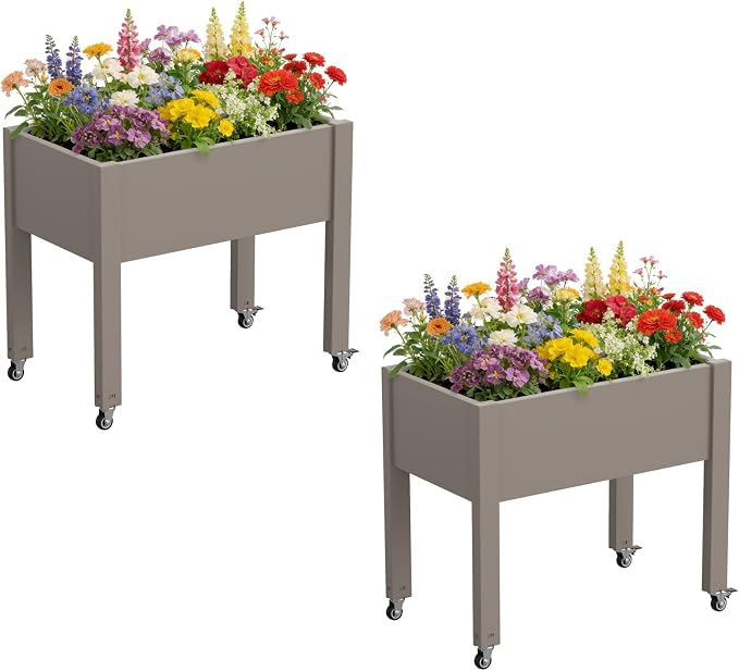 Fancyango Raised Garden Bed with Wheels 26.3" Hx2 -Gray | Resin Elevated Garden Planter Box with Drainage, Outdoor Planter Box for Veggies Herbs Patio Balcony Backyard