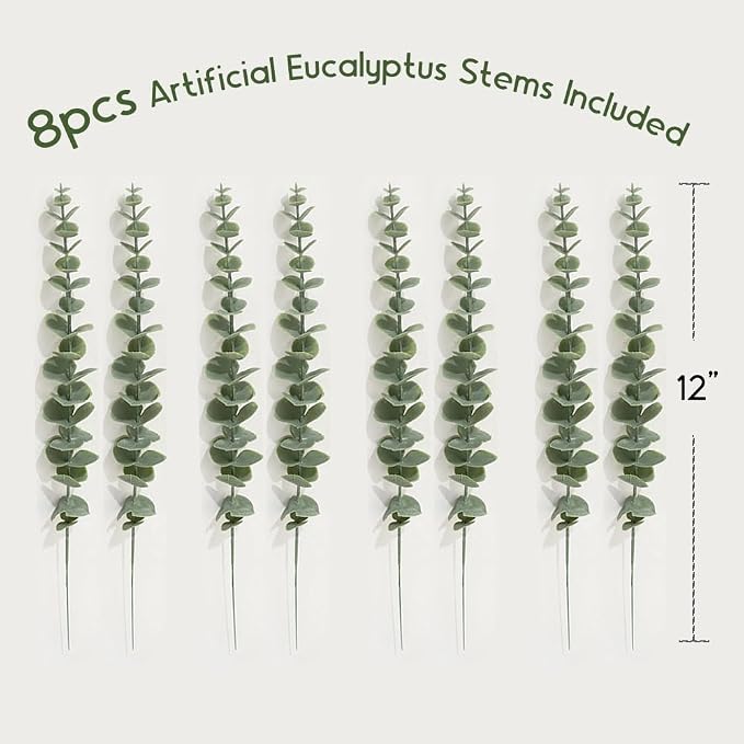4-Pack Wood Wall Planters with 8 Removable Faux Eucalyptus Stems - Modern Farmhouse Wall Decor for Living Room, Bedroom, Bathroom - Wooden Wall Vases and Fake Eucalyptus for Home Office Decor