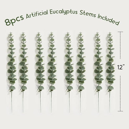 4-Pack Wood Wall Planters with 8 Removable Faux Eucalyptus Stems - Modern Farmhouse Wall Decor for Living Room, Bedroom, Bathroom - Wooden Wall Vases and Fake Eucalyptus for Home Office Decor