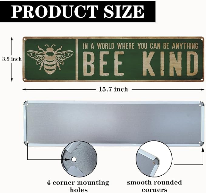 Garden Metal Tin Signs, Bee Kind Sign, Vintage Farmhouse Bee Wall Art, for Garden Yard Fence Door Porch, Rustic Indoor Outdoor Gardens Decoration, 15.7 x 3.9 Inches