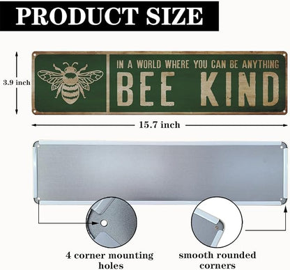 Garden Metal Tin Signs, Bee Kind Sign, Vintage Farmhouse Bee Wall Art, for Garden Yard Fence Door Porch, Rustic Indoor Outdoor Gardens Decoration, 15.7 x 3.9 Inches