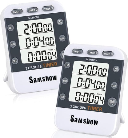 (2 Pack) Digital Kitchen Timers for Cooking Triple Timer Count UP/Down Dual Timer Large LCD Display, Adjustable Volume Loud Alarm, Magnetic Stopwatch, Battery Included White