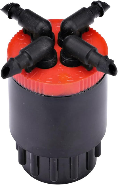 Raindrip QB10UB, Cuatro-Flo® Four-Outlet Bubbler, Drip Irrigation Emitters for Drip Irrigation Gardening Systems, 10 GPH Per Outlet, 1/2-Inch FPT Inlet, Black/Red