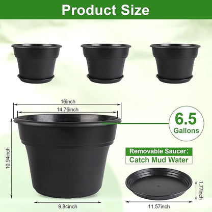 Myfeegoin 16-inch-Plant-Pots, 4 Pack Large Planters for Outdoor Plants, Plastic Flower Pots Indoor with Drainage Holes & Trays, Classic Garden Pot Container for House