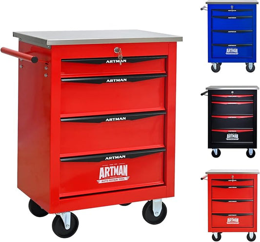 4-Drawer Rolling Tool Chest, Lockable Stainless Worktop for Garage, Red | Heavy Duty Metal Tool Cabinet with Drawers on Wheels for Warehouse and Workshop Storage