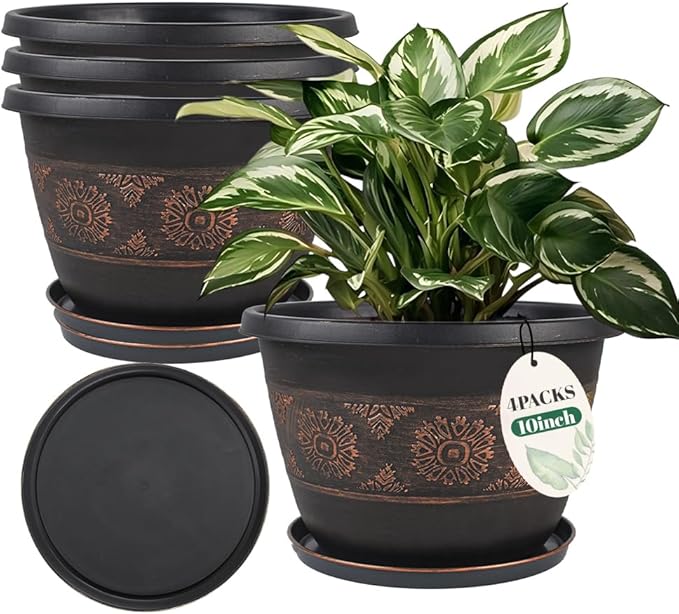 Usocik 10 Inch Retro Plant Pots 4 Pack with Drainage and Saucers Copper | Copper retro PP pots with drainage holes and saucers for herbs flowers succulents indoor patios porches and balconies