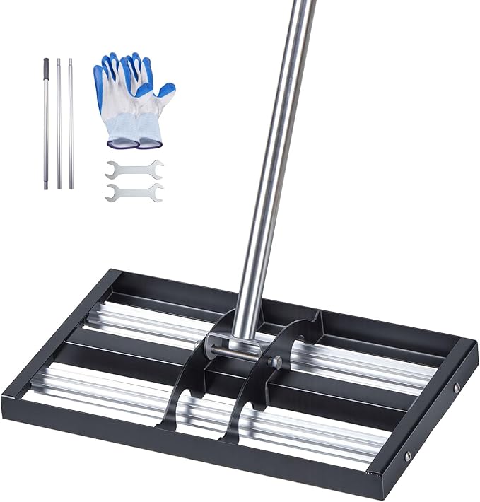 VEVOR Updated Lawn Leveling Rake with Roller, 17" x 10" Stainless Steel Lawn Leveler with 63.4" Adjustable Handle, Heavy Duty Yard Leveling Rake, Effort Saving Lawn Leveling Tool for Yard Golf Court