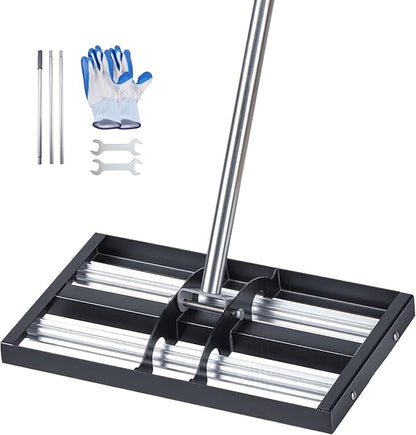 VEVOR Updated Lawn Leveling Rake with Roller, 17" x 10" Stainless Steel Lawn Leveler with 63.4" Adjustable Handle, Heavy Duty Yard Leveling Rake, Effort Saving Lawn Leveling Tool for Yard Golf Court