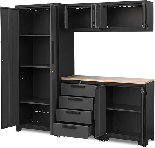 BIG RED 6 Piece Set Garage Cabinets: Lockable Design for Optimal Garage Storage and Organization, Garage Workbench with Storage ,76.8" 18.6" 75.95", Black/Grey