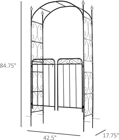 Outsunny 84" Garden Arch Arbor with Gate, Metal Arch Trellis, Garden Archway for Climbing Vines, Wedding Ceremony Decoration, Flourishes & Arrow Tips, Black