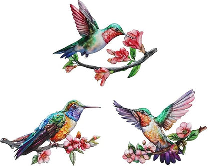 3 Pack Metal Hummingbird Wall Art Decor, 3D Colorful Birds Outdoor Wall Art Yard Patio Fence Decoration, Hand Painted Wall Sculpture Hanging Outdoor Decor for Garden Outside Livingroom