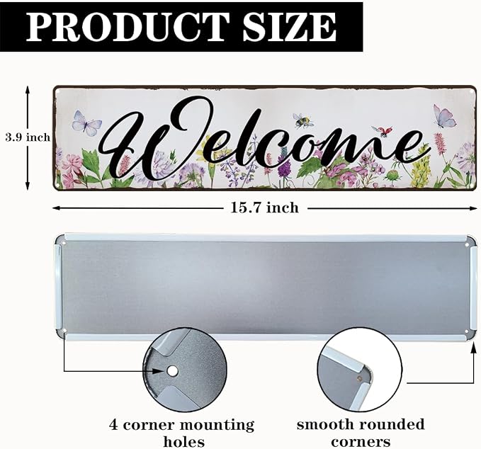 Garden Metal Tin Sign, Floral Watercolor Welcome Sign, Vintage Farmhouse Outdoor Wall Decor, for Porch Patio Fence Door Garden Entryway, Gift for Gardening Lover, 15.7 x 3.9 Inches