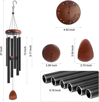 37 Inch Large Aluminum Wind Chimes, Classic Black with Deep Tone and Wood Top, Outdoor Decor for Garden Patio Backyard Porch, Birthday Housewarming Gift