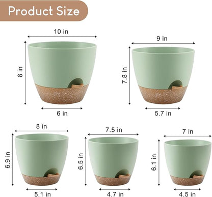 YNNICO Plant Pots 10/9/8/7.5/7 inch, Self Watering Planters with Drainage Holes & Saucers for Indoor and Outdoor Plants (Green)