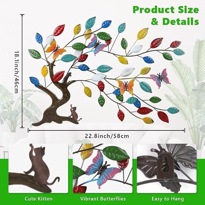 dreamskip Tree of Life Metal Wall Art, 23" Outdoor Large Tree Wall Sculpture with Colorful Leaves and Butteflies, Metal Outdoor Garden Decor for Patio, Fence, Yard, Living Room, Bedroom