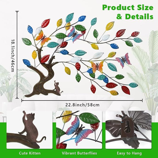 dreamskip Tree of Life Metal Wall Art, 23" Outdoor Large Tree Wall Sculpture with Colorful Leaves and Butteflies, Metal Outdoor Garden Decor for Patio, Fence, Yard, Living Room, Bedroom