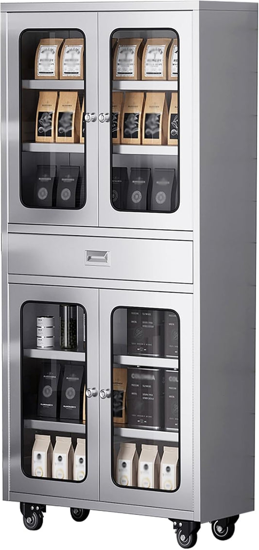68" Full-Assembled Stainless Steel Cabinet with 1 Drawer and Glass Doors, 6-Tier Rolling Kitchen Pantry Storage Cabinet with Wheels for Garage, Warehouse, Utility Room, Laundry Room, Restaurant, Cafe