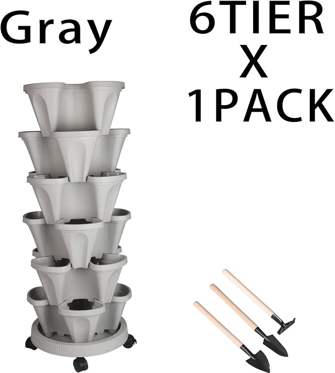 GameXcel Vertical Planter Tower - 6 Tier Stackable Garden Planters with Wheels and Tools Plant Pots for Strawberry Herb Flower and Vegetable Indoor Outdoor Use Gray