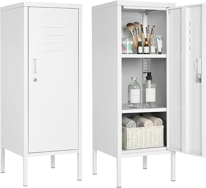 Lockable Metal Locker Cabinet, 39''h Metal Storage Cabinet with Lock, Adjustable Shelf & Ventilation, Steel Locker for Gym, School, Office, Home, Garage White