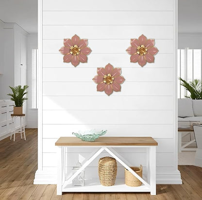 Metal Flowers Wall Decor Set of 3, Pink Metal Flower Wall Art Decor for Inoor & Outdoor Use, 3D Vintage & Modern Pink Walls Arts for Bathroom, Living Room, Bedroom, Garden, Patio, Porch, Office, 10"