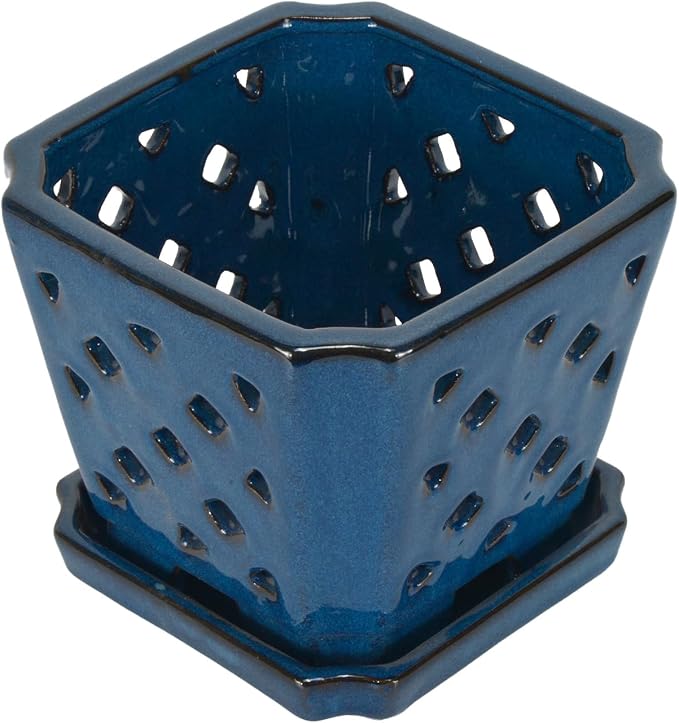 W&W Ceramic Orchid Pot with Holes and Saucer for Repotting, Blue, 7"