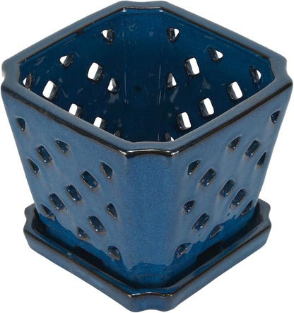 W&W Ceramic Orchid Pot with Holes and Saucer for Repotting, Blue, 7"