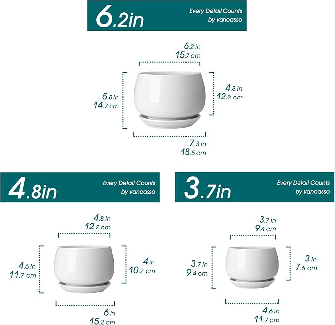 vancasso 3-Pack Ceramic Plant Pots, 3.7/4.8/6.2 Inch Indoor Planters with Saucers & Drainage Hole Planter pots for Indoor Plants and Flower, White