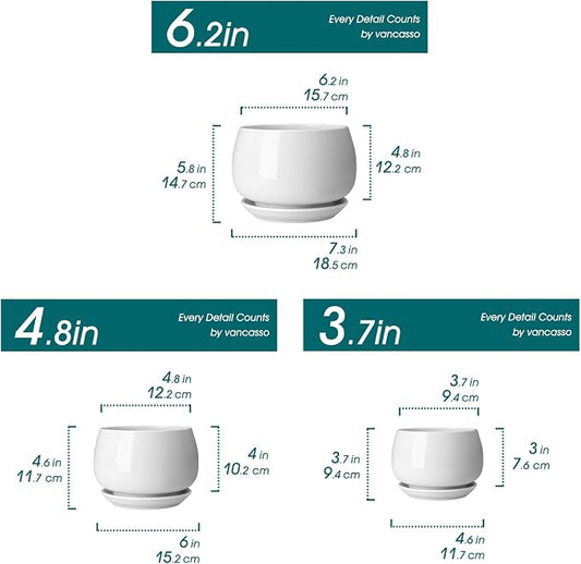vancasso 3-Pack Ceramic Plant Pots, 3.7/4.8/6.2 Inch Indoor Planters with Saucers & Drainage Hole Planter pots for Indoor Plants and Flower, White