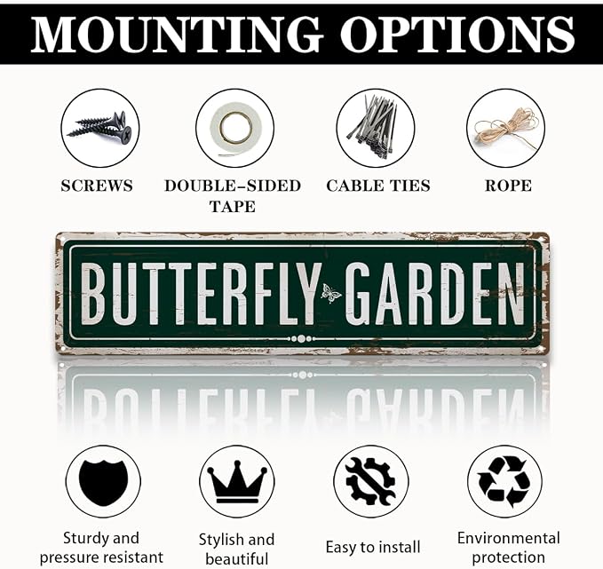 Garden Metal Tin Sign, Vintage Farmhouse Decor, Butterfly Garden Wall Art, for Yard Fence Door Porch, Rustic Indoor Outdoor Gardens Decoration, 15.7 x 3.9 Inches
