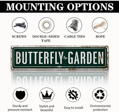Garden Metal Tin Sign, Vintage Farmhouse Decor, Butterfly Garden Wall Art, for Yard Fence Door Porch, Rustic Indoor Outdoor Gardens Decoration, 15.7 x 3.9 Inches