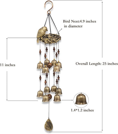 Bird Nest Wind Chime, A Mother‘s Love in Every Breeze | 25” Bronze Resin Nest with 12 Wind Bells, Soothing Gift for Mother's Day, Garden, Yard, Patio Decor