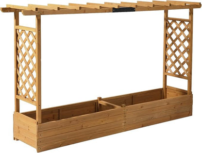 VINGLI Raised Garden Bed with Trellis & Hanging Roof, Wooden Planter Box with Drainage Holes for Outdoor Climbing Plants Vegetables Flowers, Patio Yard Balcony (Natural, Longer)