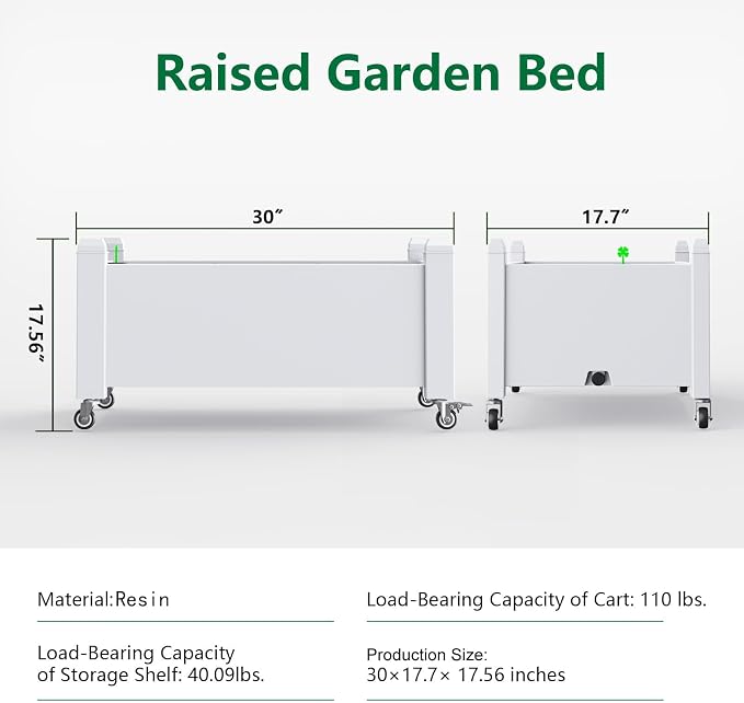 PatioZen Raised Garden Bed, 14 Gallon Self-Watering Raised Planter Box with Drainage Plug & Gauge and Wheels for Vegetables Flowers Herbs Succulents, Resin for Backyard Patio Porch