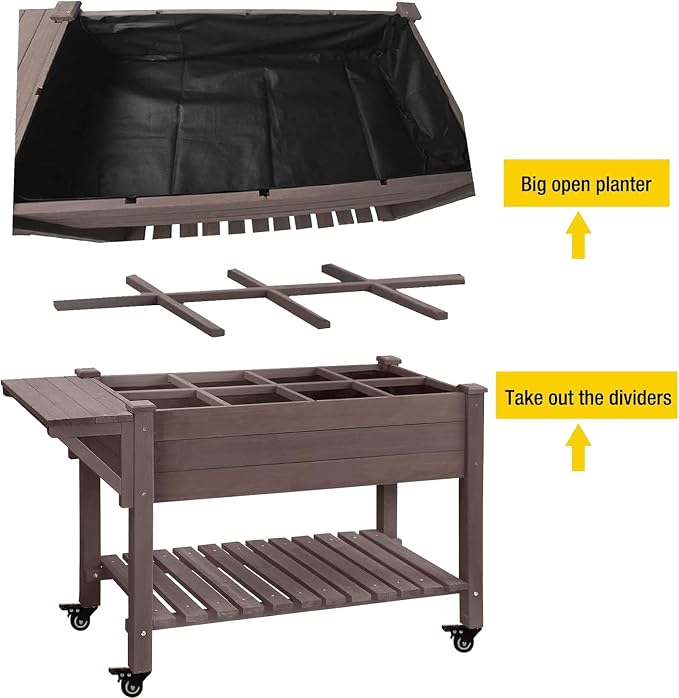 Aivituvin 52.7x22x30in Raised Garden Bed, Elevated Wood Planter Box Stand with Wheels for Outdoor Gardening, Liner Included, 230lbs Capacity