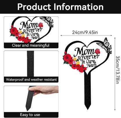 Memorial Grave Stake, Mom Forever in Our Hearts Grave Marker, Heart Grave Decorations for Cemetery, Metal Cemetery Decorations for Grave, Yard, Garden, Remembrance Grave Plaque for Mom