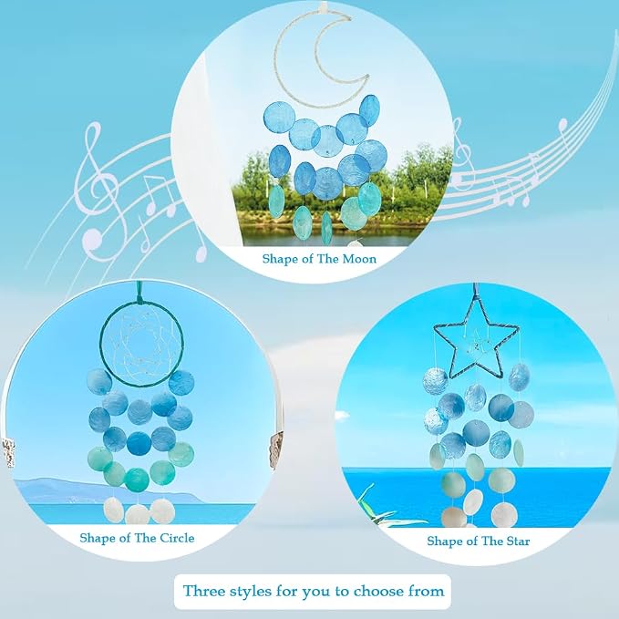 Wind Chimes for Outside, Personalized Capiz Shells Wind Chime for Home Decoration, Garden Decoration of Beach House Decor,Great Gift for Shells Windchimes Lovers and More (Blue Circle)