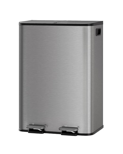 Dual Kitchen Trash Can 2x8 Gal Fingerprint-Proof Stainless Steel Matte Grey | 2 Removable Inner Buckets Step Pedal Soft-Close Lid 2x30L Double Compartment Garbage Can Recycling Bin Modern Kitchens