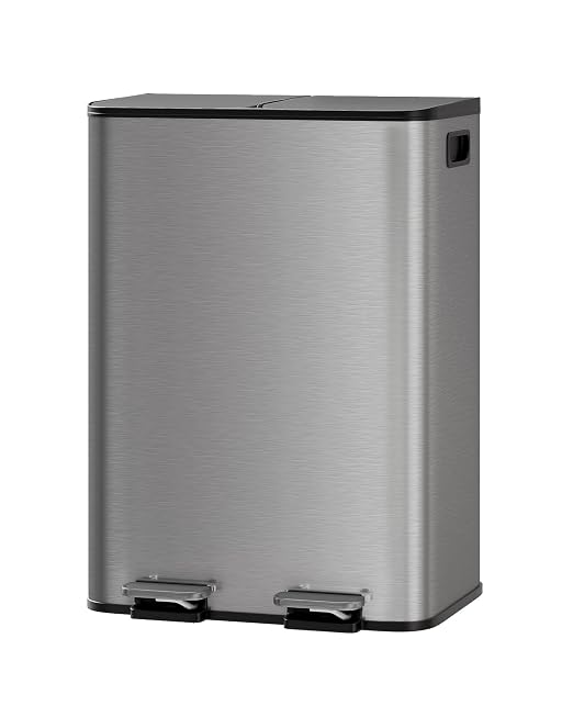 Dual Kitchen Trash Can 2x8 Gal Fingerprint-Proof Stainless Steel Matte Grey | 2 Removable Inner Buckets Step Pedal Soft-Close Lid 2x30L Double Compartment Garbage Can Recycling Bin Modern Kitchens