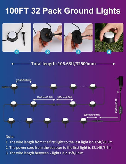 APPECK Outdoor Ground Lights 32 Pack, 100FT RGBW Pathway Lights Wired | 2200K Warm White Landscape Lighting, IP65 Waterproof, Color Changing, Garden Lawn Path, Holiday Decor, App/Remote Control