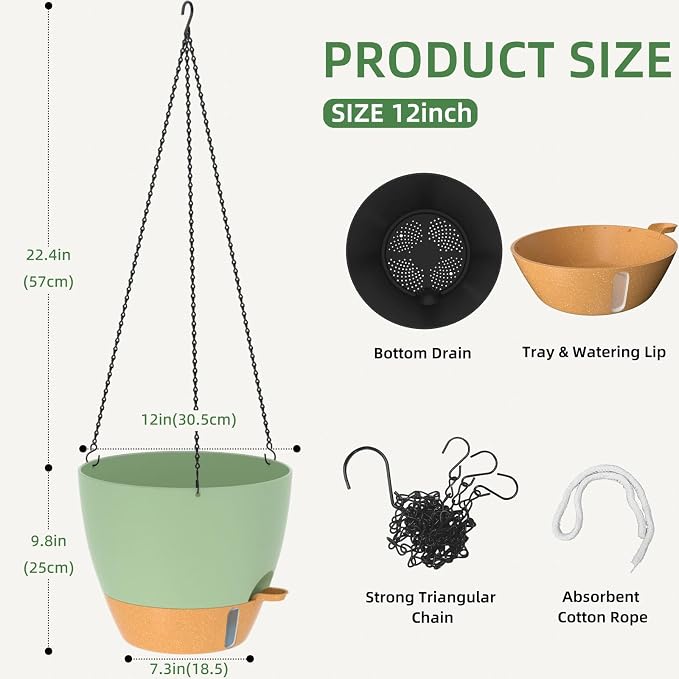ZMTECH 12 Inch Large Self Watering Hanging Planters for Indoor Outdoor Plants - Water Level Indicator & Removable 60 Oz Reservoir, 1 Pack Plastic Hanging Basket for Window Porch Garden Balcony, Green